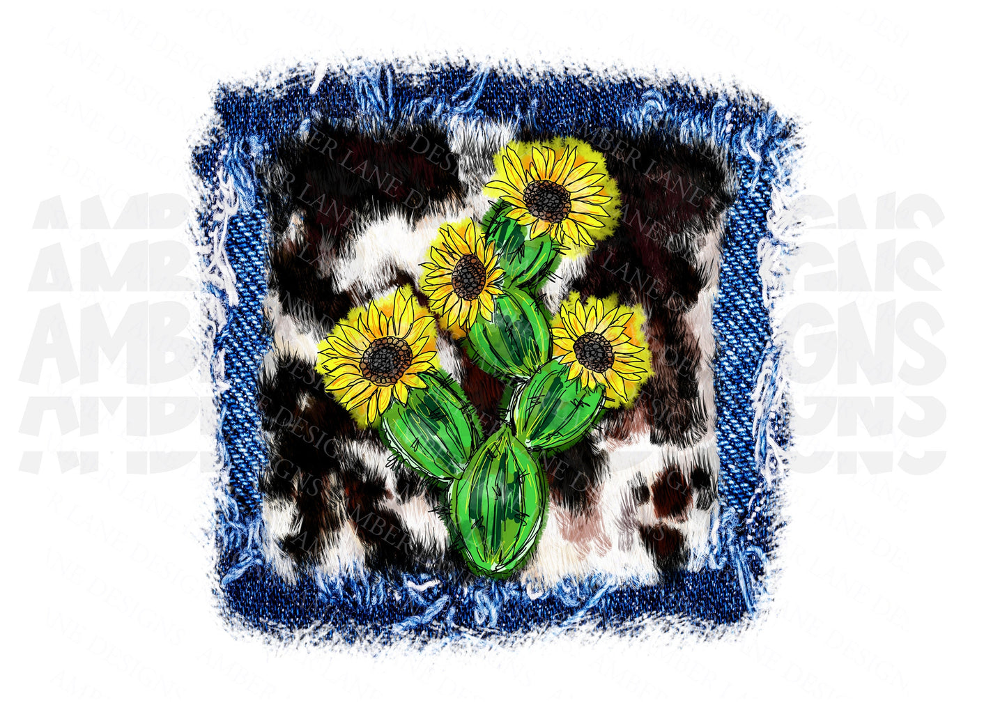 Western Cowhide Cactus with Sunflowers and Demin patch PNG  Sublimation Design