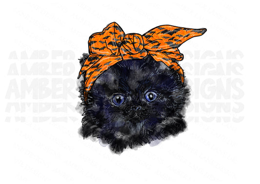 Black Cat With Halloween Bandana PNG, Sublimation  file.
