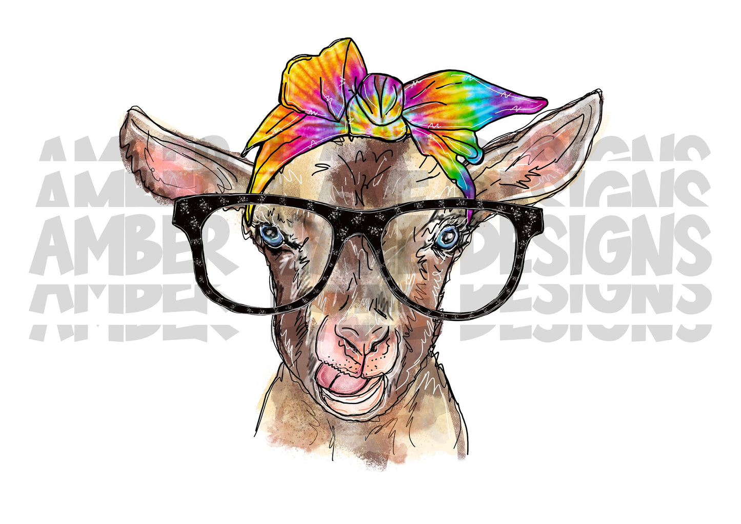Goat With Tie Dye Rainbow Bandana And Glasses PNG |  Goat Watercolor PNG |Hand Drawn | Sublimation PNG |