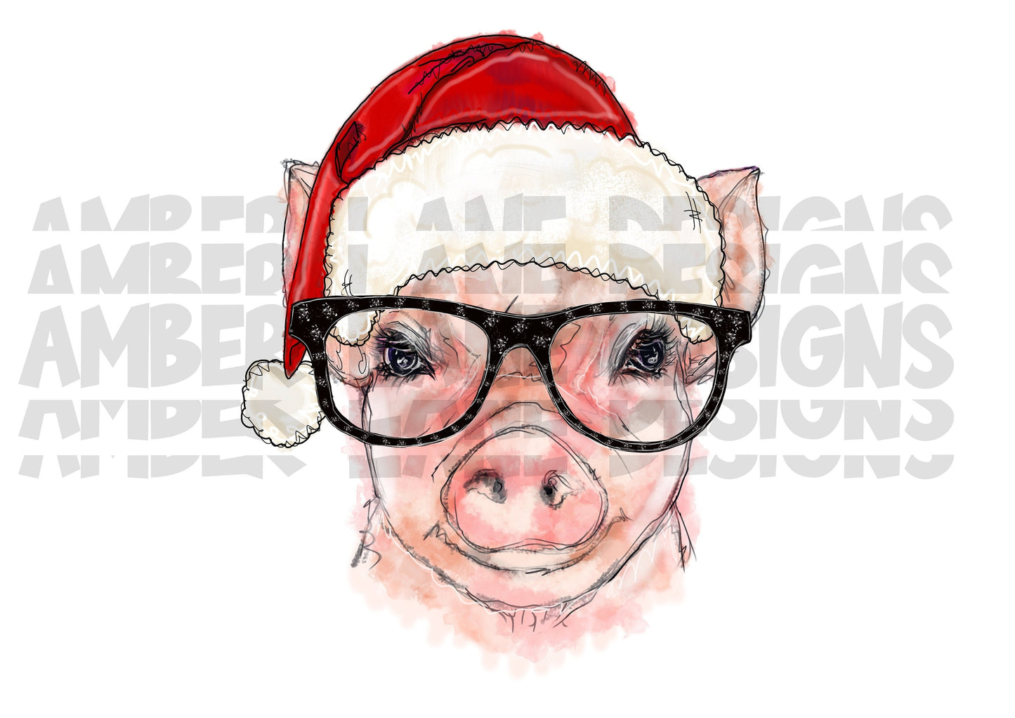 Pig With Santa Hat and Glasses PNG | Cute Christmas pig png| Hand Drawn | Christmas png |