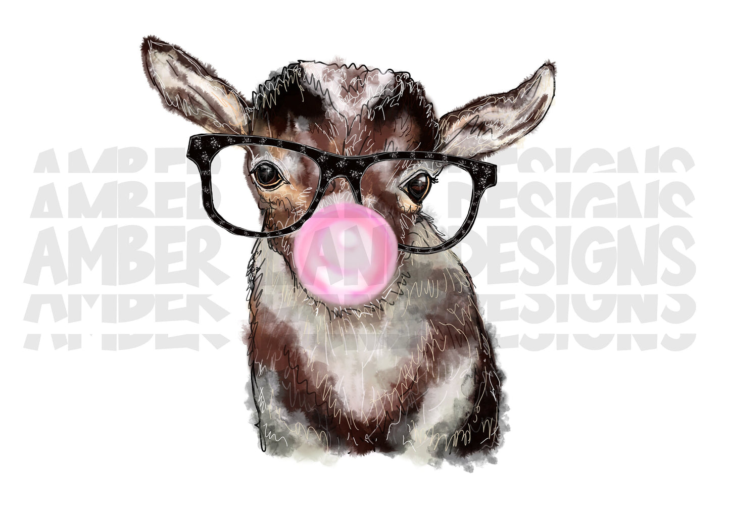 Kid Coolness: Baby Goat wearing Glasses and Blowing Bubblegum Sublimation PNG Glamour Galore Sublime Spectacles Capra