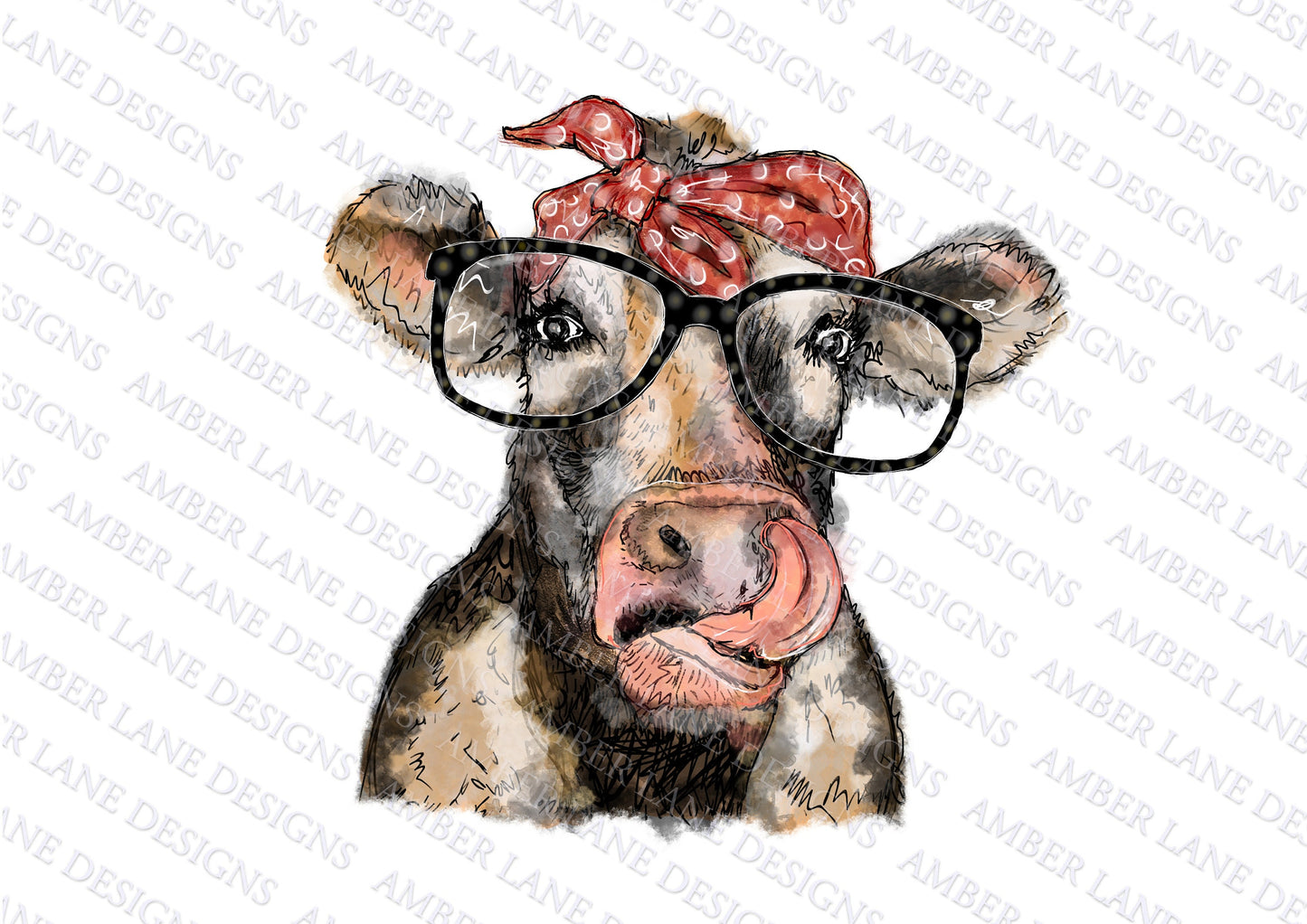 Cow lick with bandana and Glasses  PNG | Hand Drawn | Sublimation PNG |