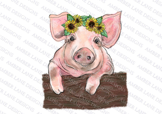 Farm Pig With sunflower Crown PNG | Cute pig png| Hand Drawn | Farm Life Sublimation PNG |