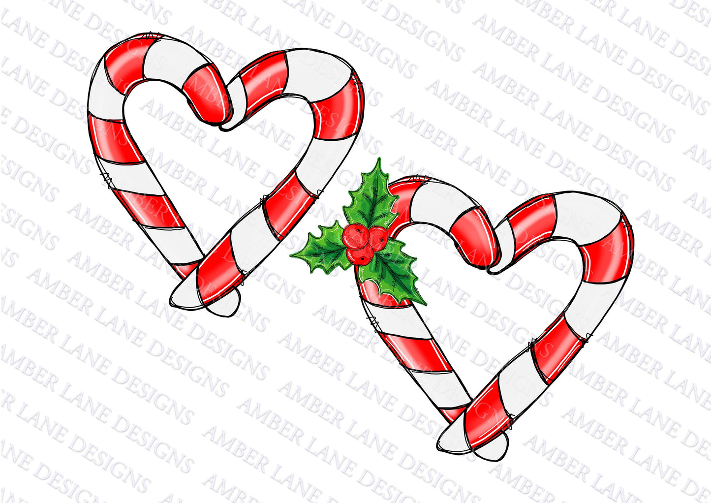 Two Candy Cane Heart frames With Holly  | PNG Design | Hand Drawn Art | Christmas | Digital Download Transparent Middle