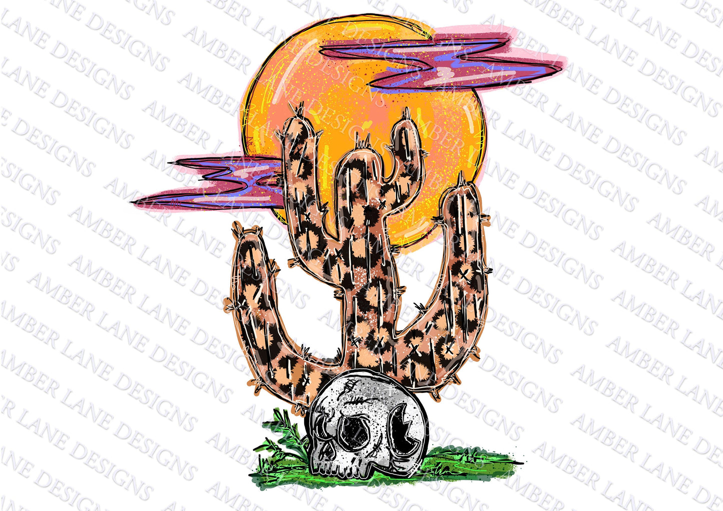 Leopard Cactus Sunset With skull PNG  Sublimation Design ,Western Art ,300ppi