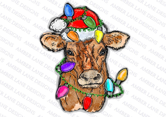 Moo-rry Christmas Delight Rudolph the Red-Nosed Cow in Santa Hat with Festive Lights Tumbler Wrap PNG Jolly Holstein Glow