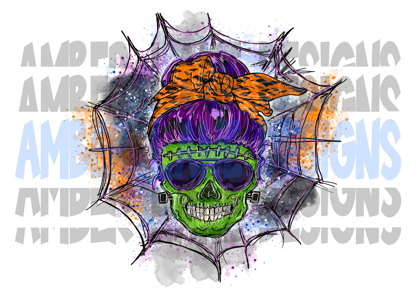 Momster Sull with Bandana  and spider web PNG, Mom of Monsters Skull Sublimation Digital image
