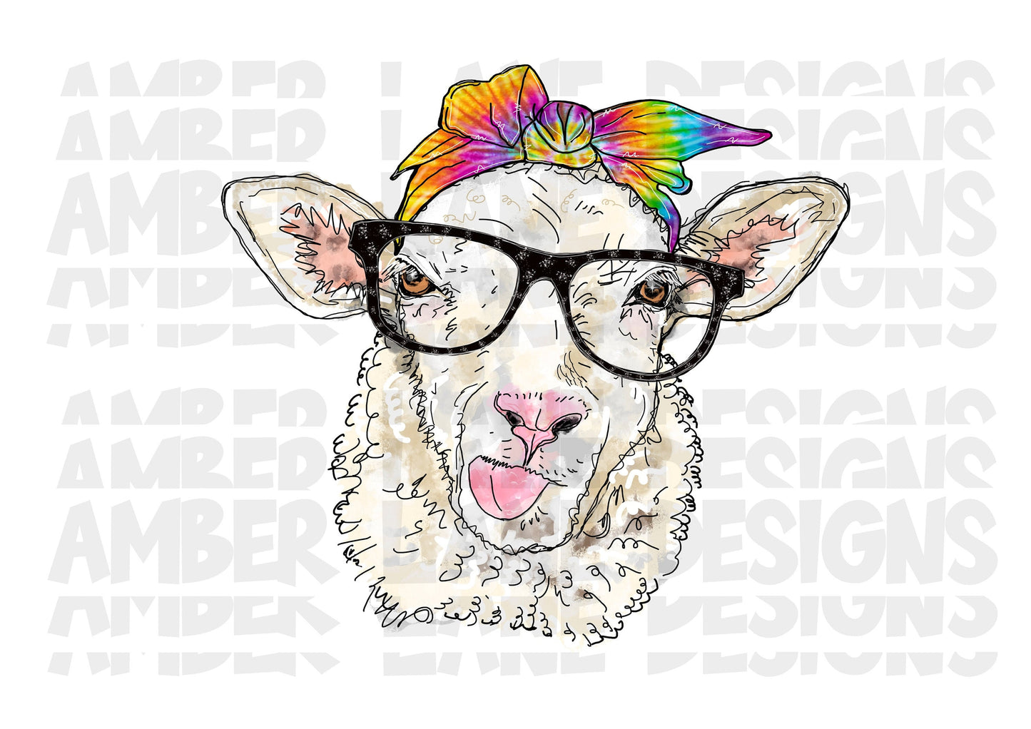 Sheep With Tie-Dye Bandana And Glasses PNG | Sheep Print png | Hand Drawn | Sublimation PNG |