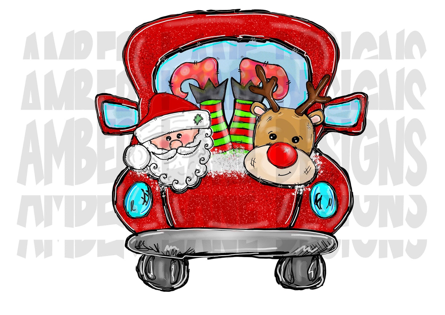Yuletide Joy Ride Christmas Red Pickup Truck Sublimation PNG Santa, Elf, Rudolph Reindeer Dance Rooftop Ride