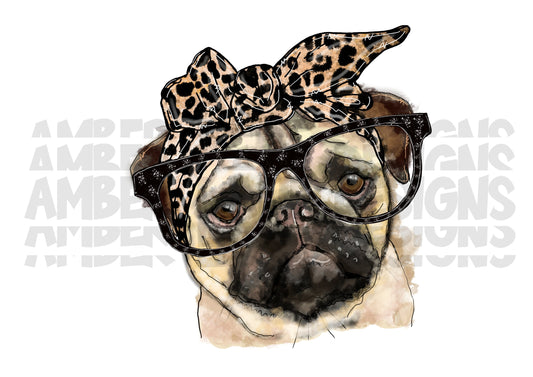 Pug dog with glasses and leopard bandana Png Sublimation digital file.