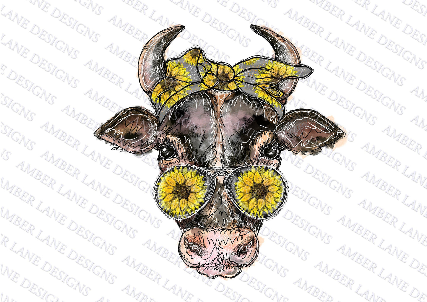 Cow With Sunflower Bandana and Sunflower Sunglasses, png file Sublimation tumbler wrap