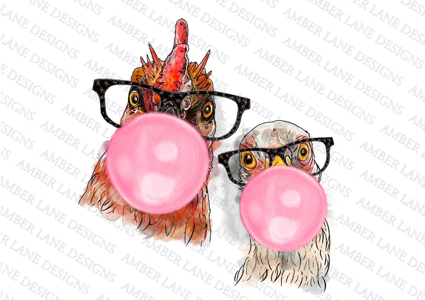 Chickens with Bubblegum and glasses PNG | Hand Drawn | Sublimation PNG |