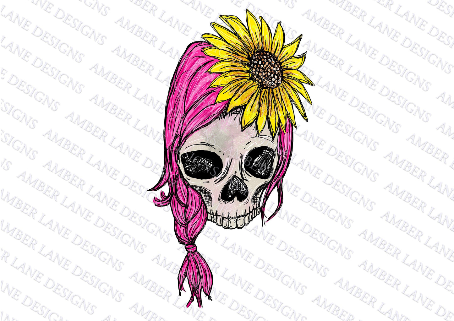 Skull Girl With Pink Hair and A Sunflower PNG  | Halloween PNG |Sublimation PNG Design | Hand Drawn | Digital Download | Printable Artwork