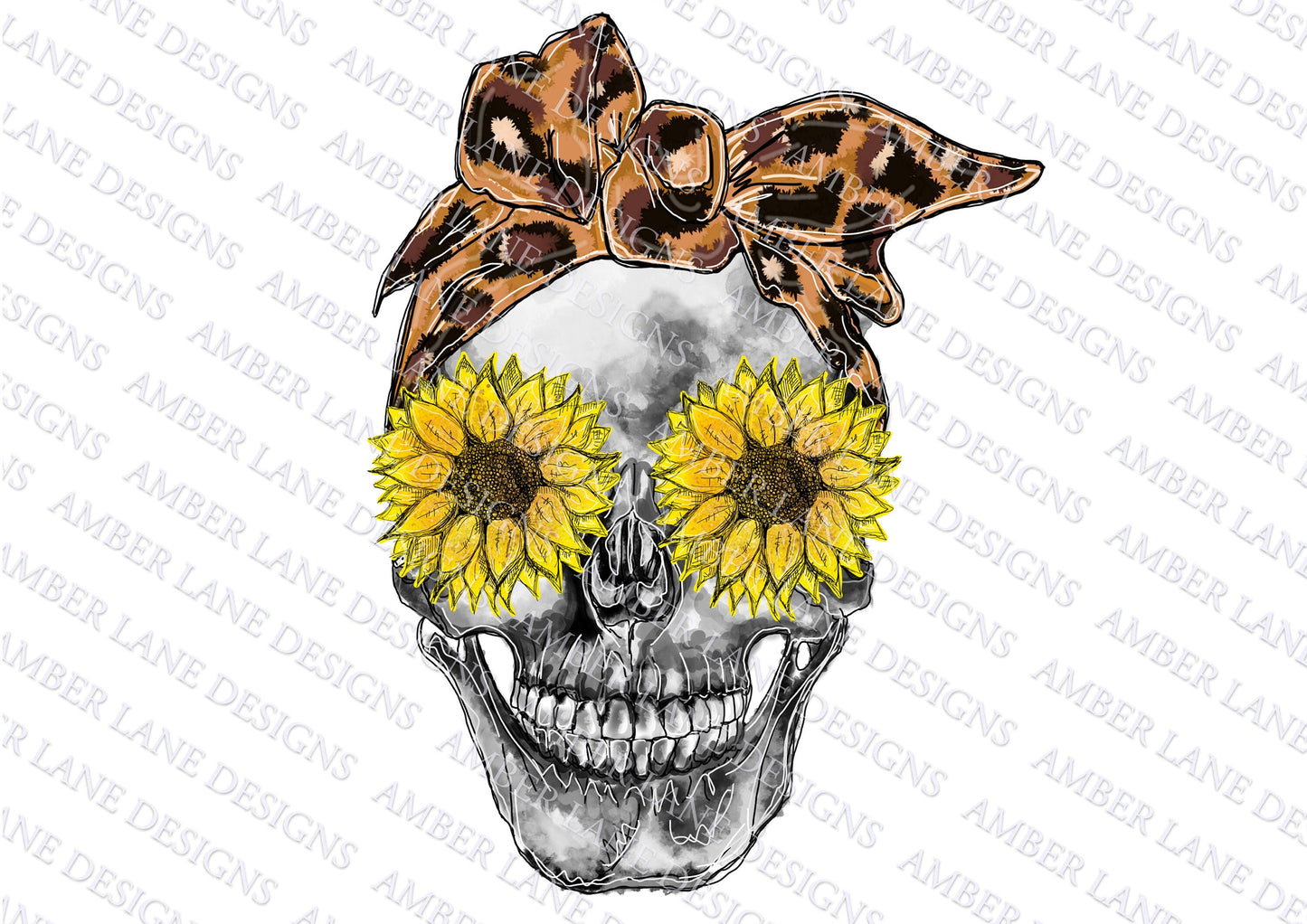 Skull Leopard Bandana And Sunflowers |Sublimation PNG Design | Hand Drawn |  | Printable Artwork | Digital Art