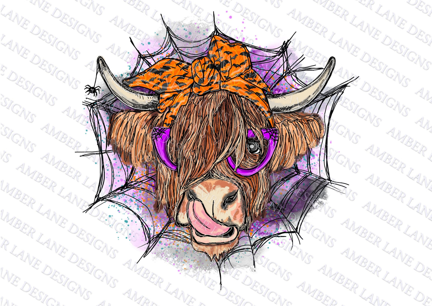 Halloween Cow With Glasses and Spider web png, Sublimation PNG Design tumbler wrap
