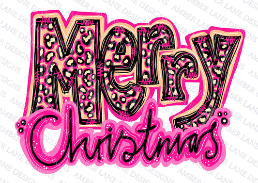 Merry Christmas Pink and Leopard,hand lettered png digital file