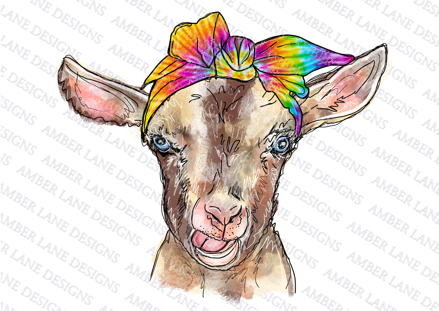 Goat With Tie Dye Rainbow Bandana |  Goat Watercolor PNG  File|Hand Drawn | Sublimation PNG |
