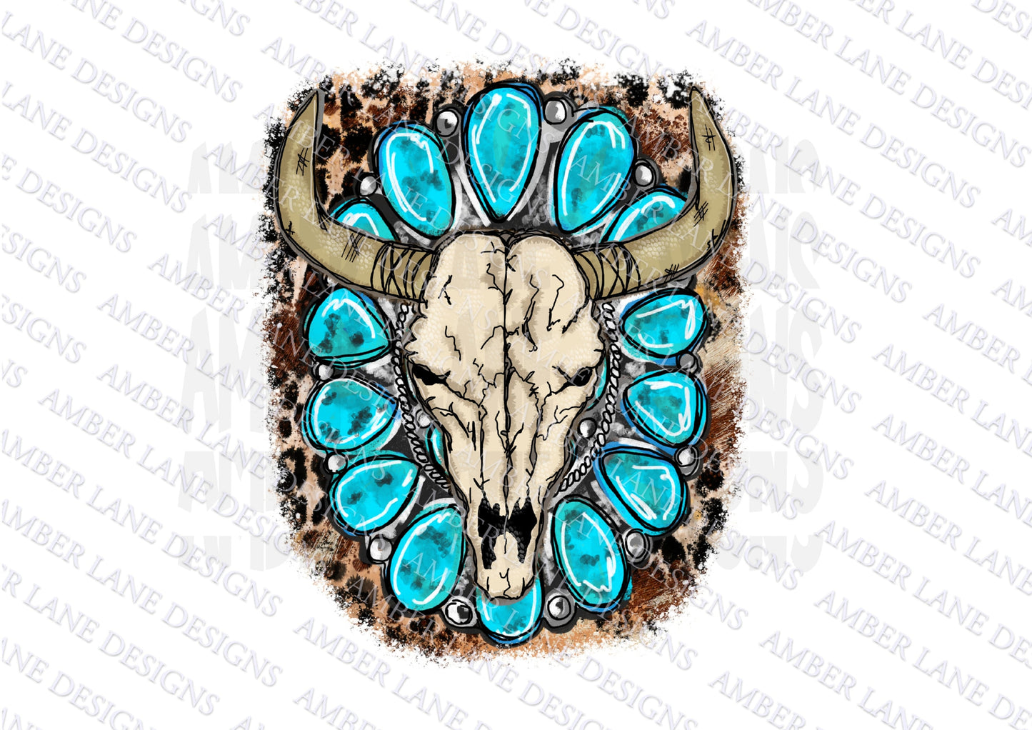 Bull Skull With Cowhide, Turquoise Western Gem Stone With leopard print (file only)