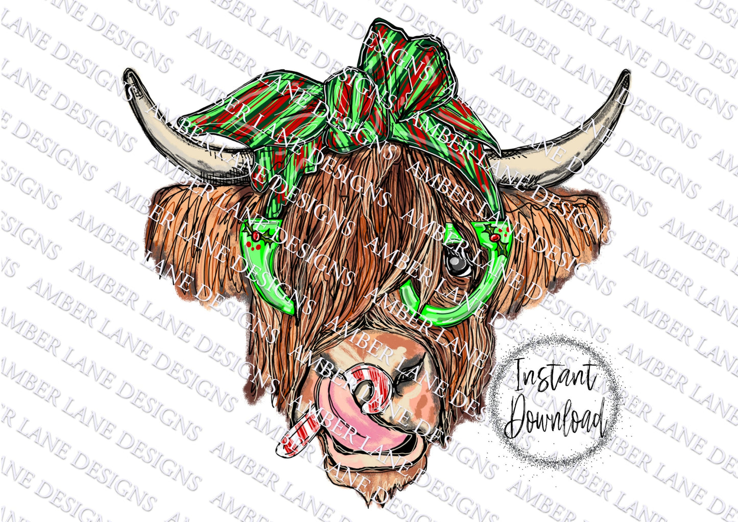 Christmas Highland Cow with Glasses, bandana and candy cane, png file, tumbler wrap
