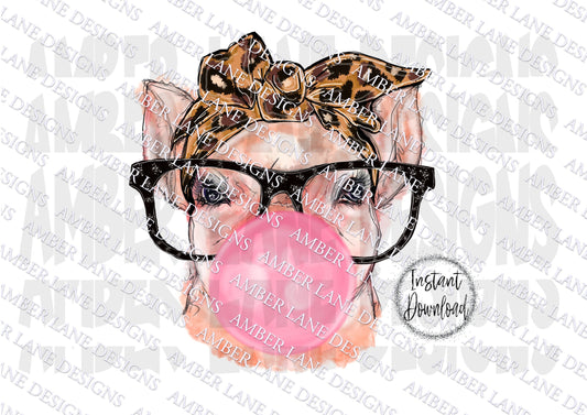 Pig with Bubblegum, Glasses And Leopard Bandana PNG | Hand Drawn | Sublimation PNG |