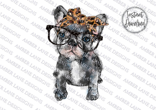 French Bull Dog png With Leopard Bandana and Glasses,  PNG Sublimation Graphics