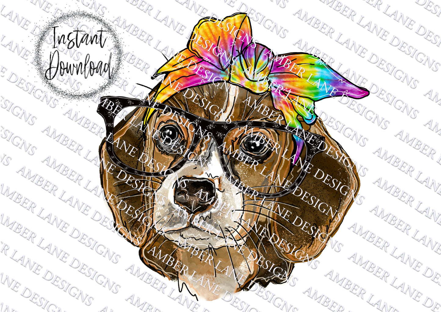 Beagle Puppy With glasses, and Tie- dye bandana Png Sublimation digital file. tumbler wrap