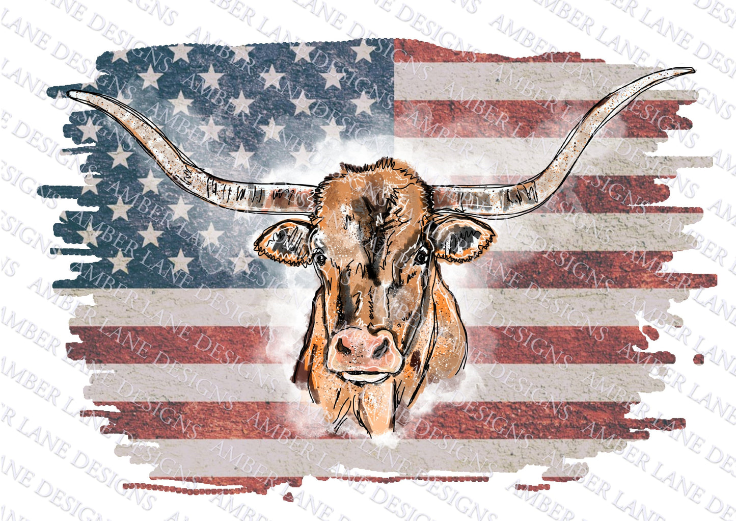 Texas cow on USA Flag | Hand Drawn watercolor | Sublimation PNG |  tumbler wrap