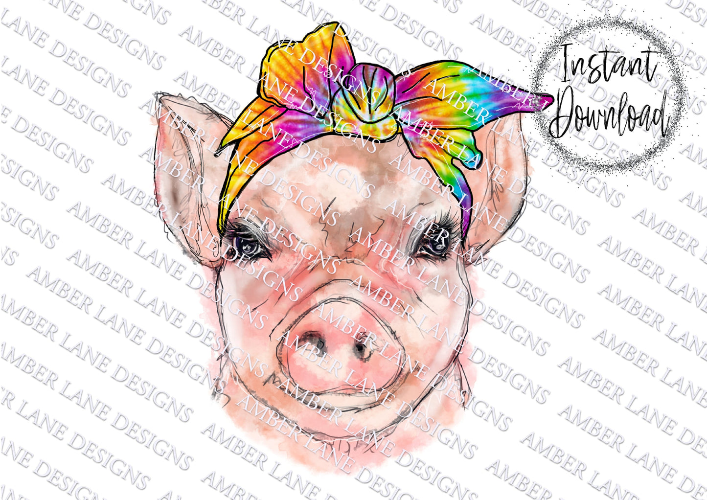 Pig with Tie Dye Bandana PNG | Hand Drawn | Sublimation PNG |