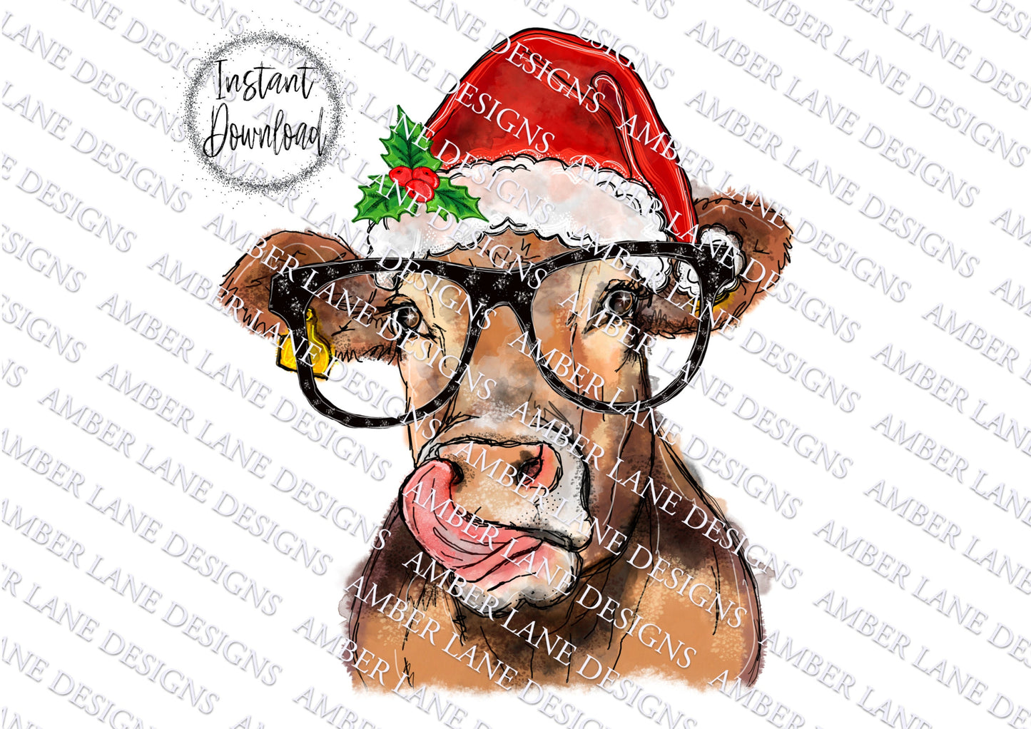 Cow lick with glasses and Santa hat with holly PNG | Cow in Santa Hat | . tumbler wrap