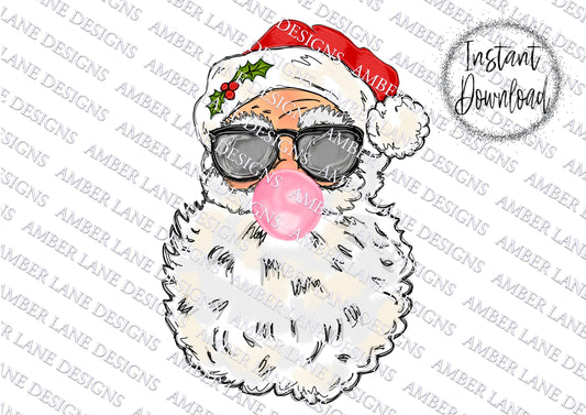 Vintage Santa Face with Sunglasses and Bubblegum PNG | Christmas Sublimation Design | | PNG Design
