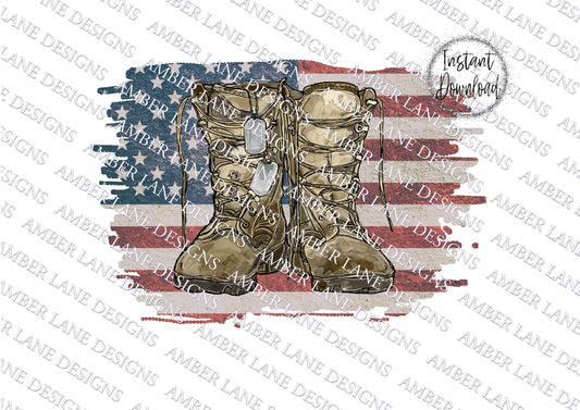 Army Boots With Dog Tags And American Flag |  Combat Soldier | Watercolor PNG | Combat Boots | Veterans Day png | Memorial Day | Sublimation