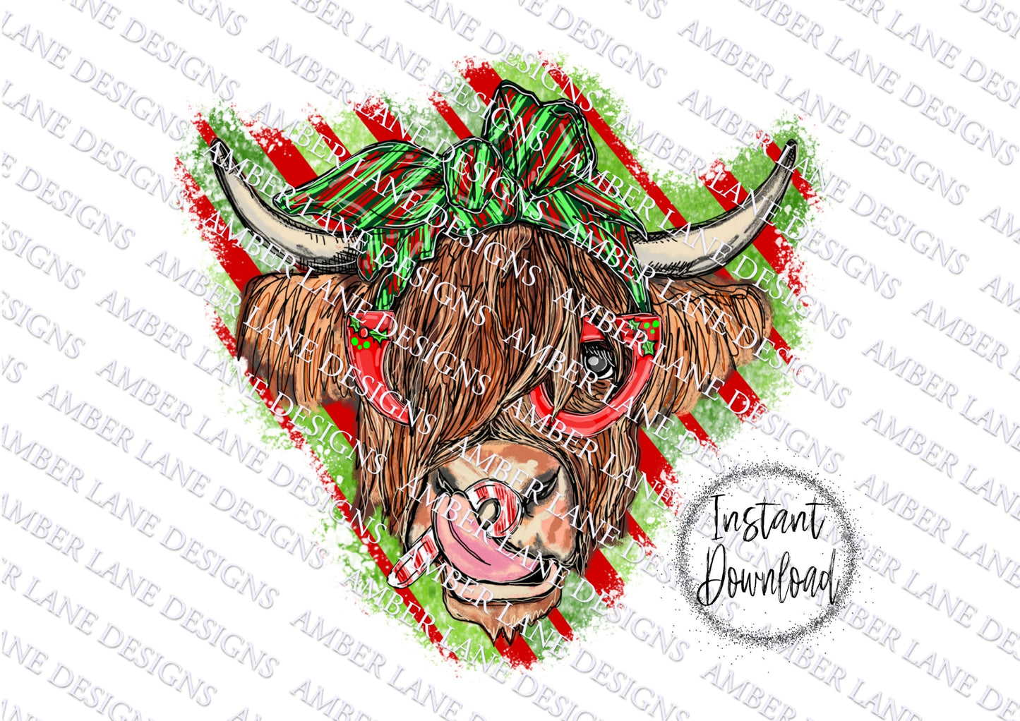 Christmas Highland Cow with Red Glasses, bandana and candy cane, png file, tumbler wrap