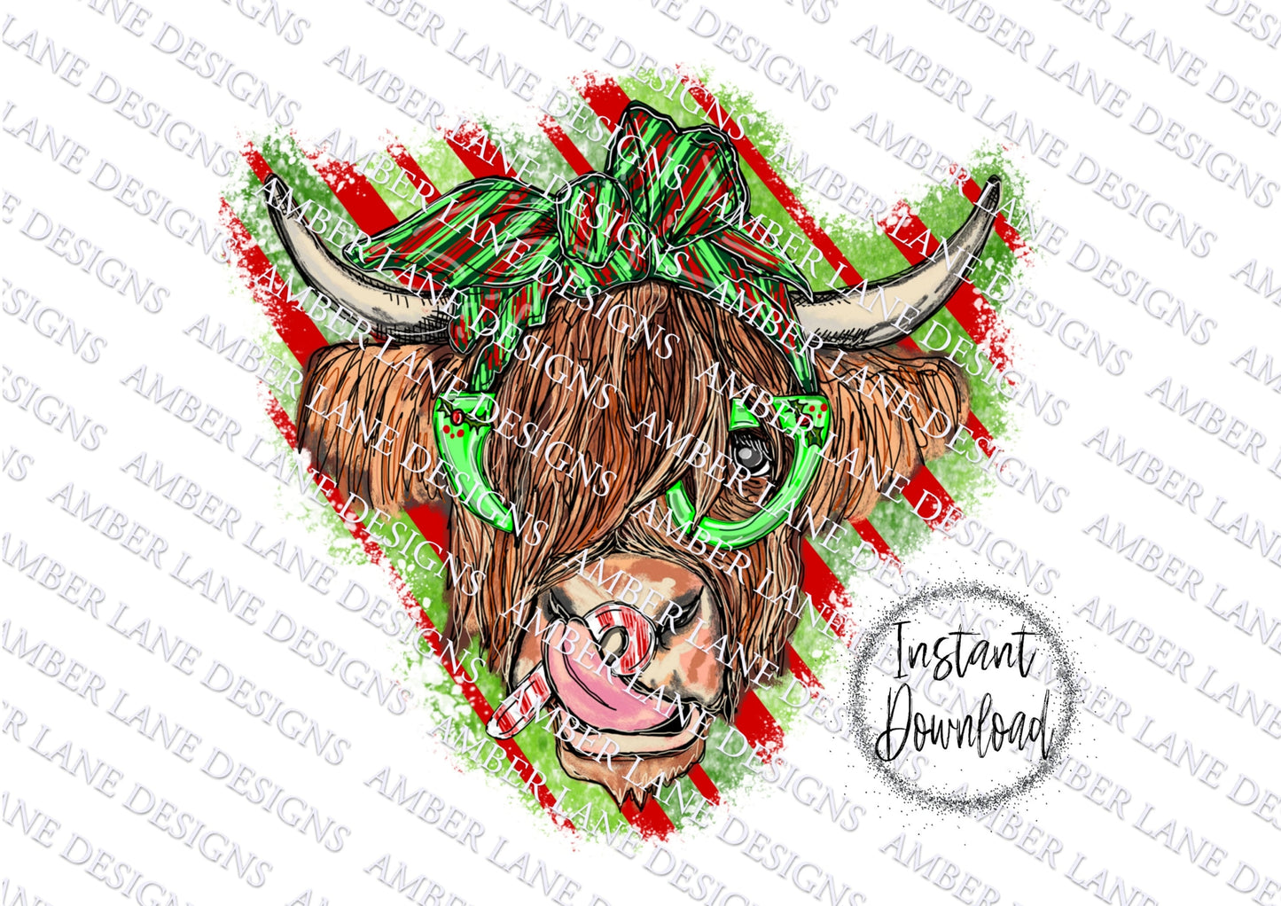 Christmas Highland Cow with Glasses, bandana and candy cane, png file, tumbler wrap