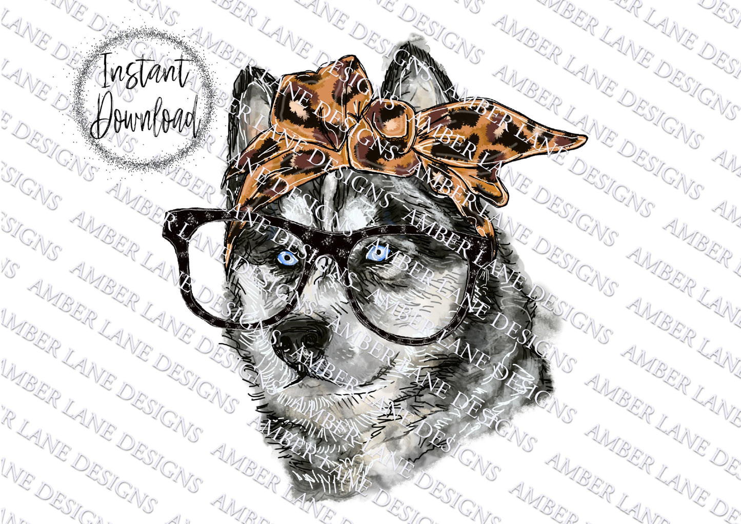 Husky With Glasses and Leopard Bandana | Hand drawn -INSTANT DOWNLOAD PNG ,300ppi