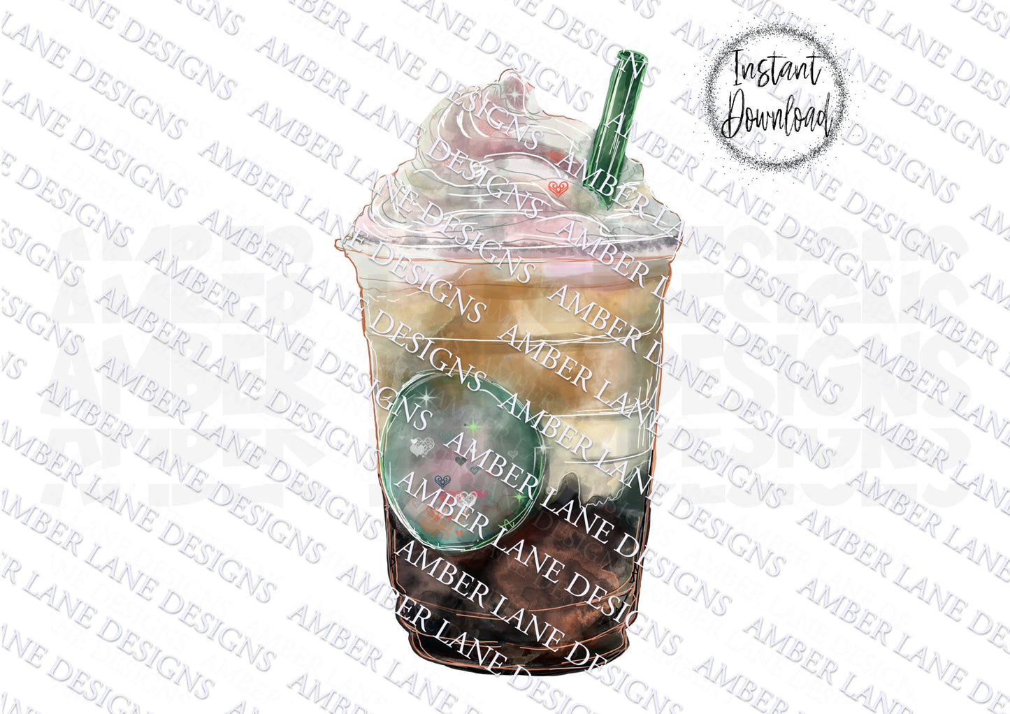 Watercolor Iced coffee with hearts clipart -INSTANT DOWNLOAD ,300ppi