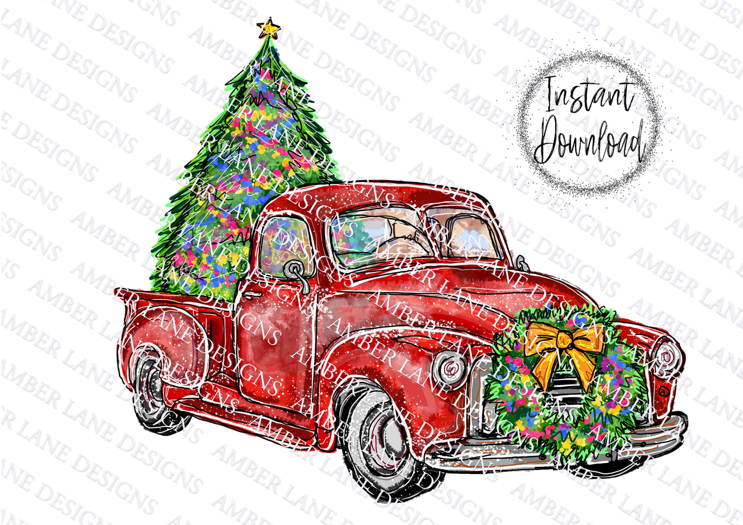 Red Christmas Truck With Christmas Tree PNG | Christmas Sublimation Design| PNG Design | |Hand Drawn Art | .