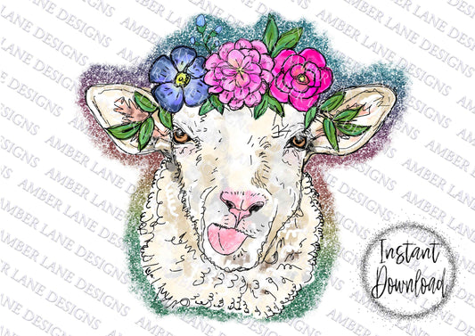 Sheep With flowers and rainbow glitter,PNG Sublimation,