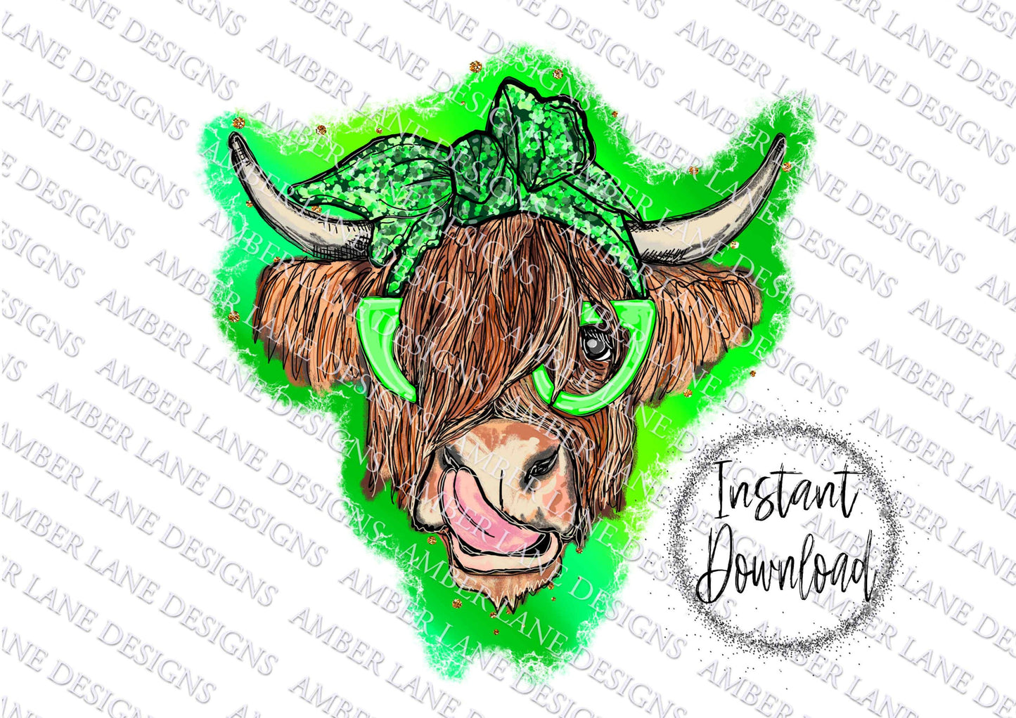 St Patricks Highland Cow  bandana and glasses  PNG | Hand Drawn | Sublimation PNG |