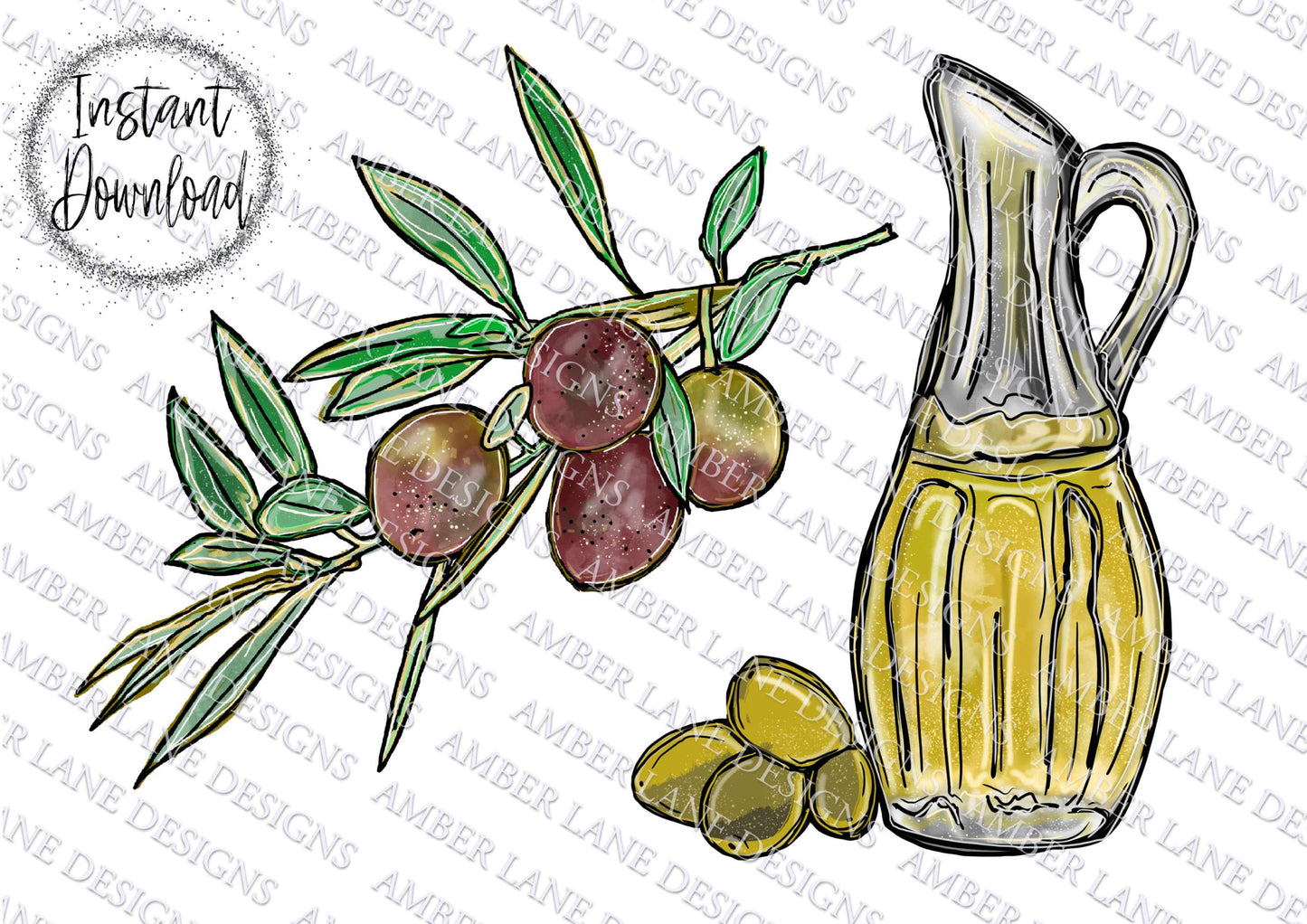 Olive branch and olives with olive oil, transparent images, two png files