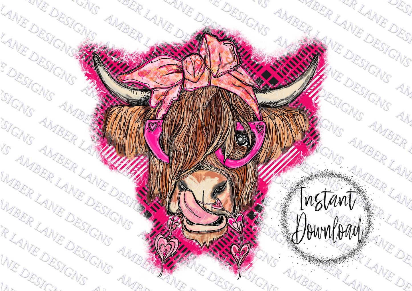 Valentines Highland Cow With hearts bandana and glasses  PNG | Hand Drawn | Sublimation PNG |