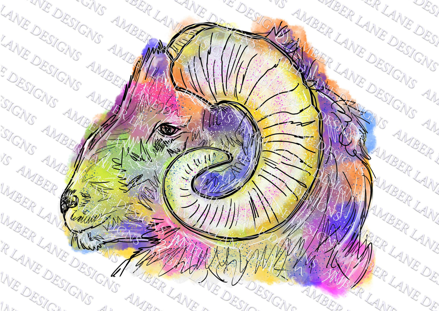 Rainbow Ram,  Watercolor Sheep ,PNG Sublimation, Digital Download