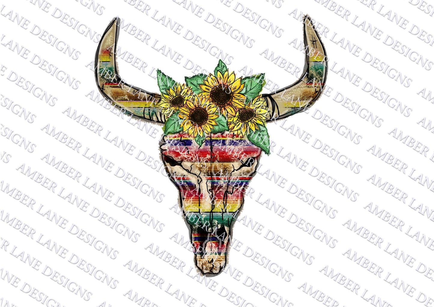 Serape Bull Skull with Sunflowers PNG file , tribal skull
