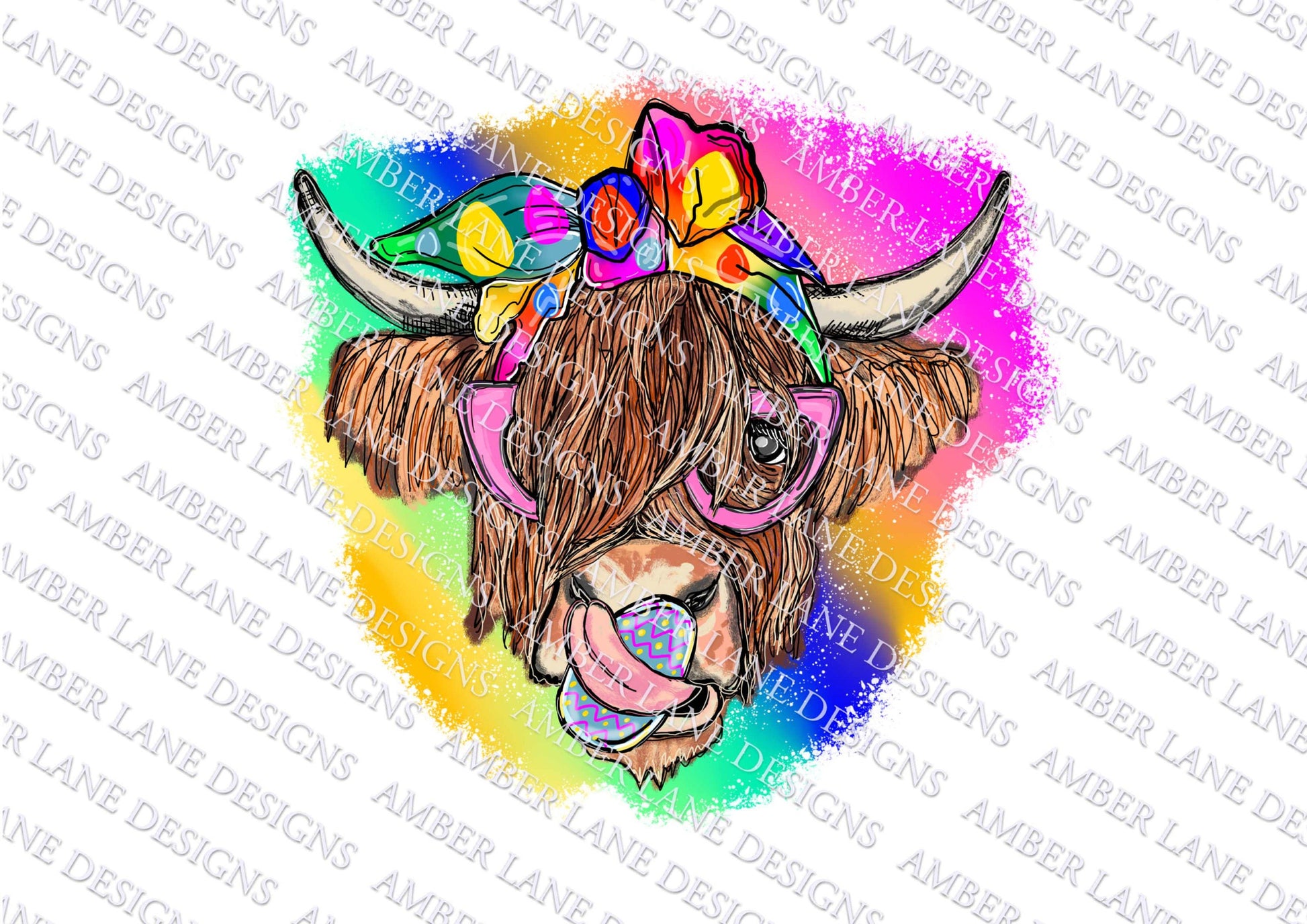 highland cow with easter egg and rainbow background