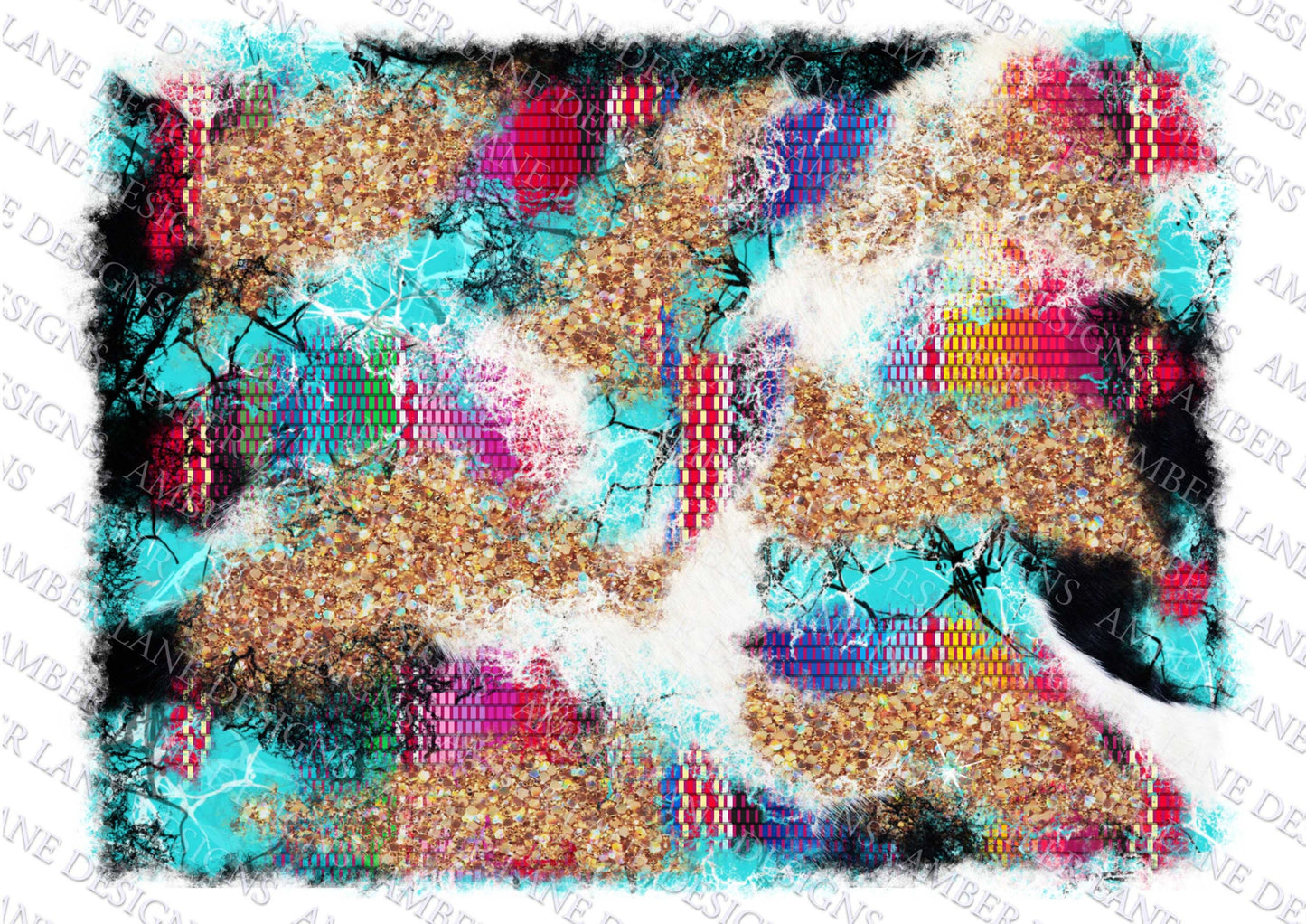 Serape, glitter, cowhide and Turquoise patchwork splash frame,  png file