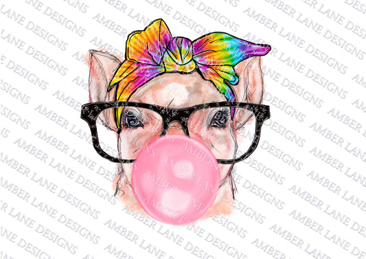 Pig with Glasses And Tie Dye Bandana and bubblegum PNG | Hand Drawn | Sublimation PNG |