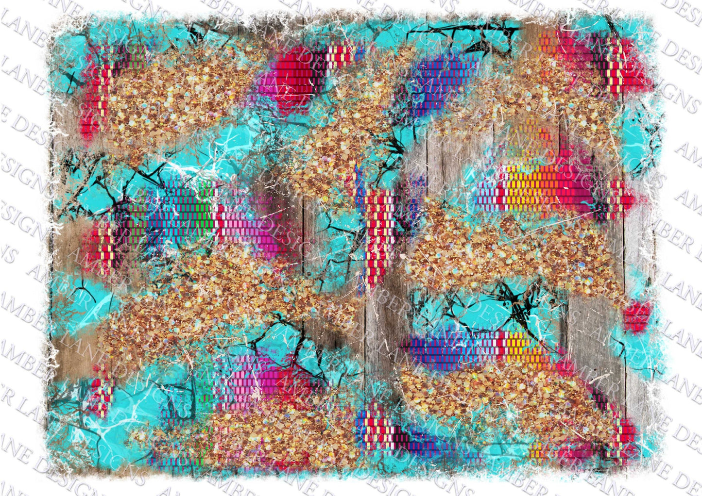 Serape glitter and Turquoise patchwork splash frame,  png file