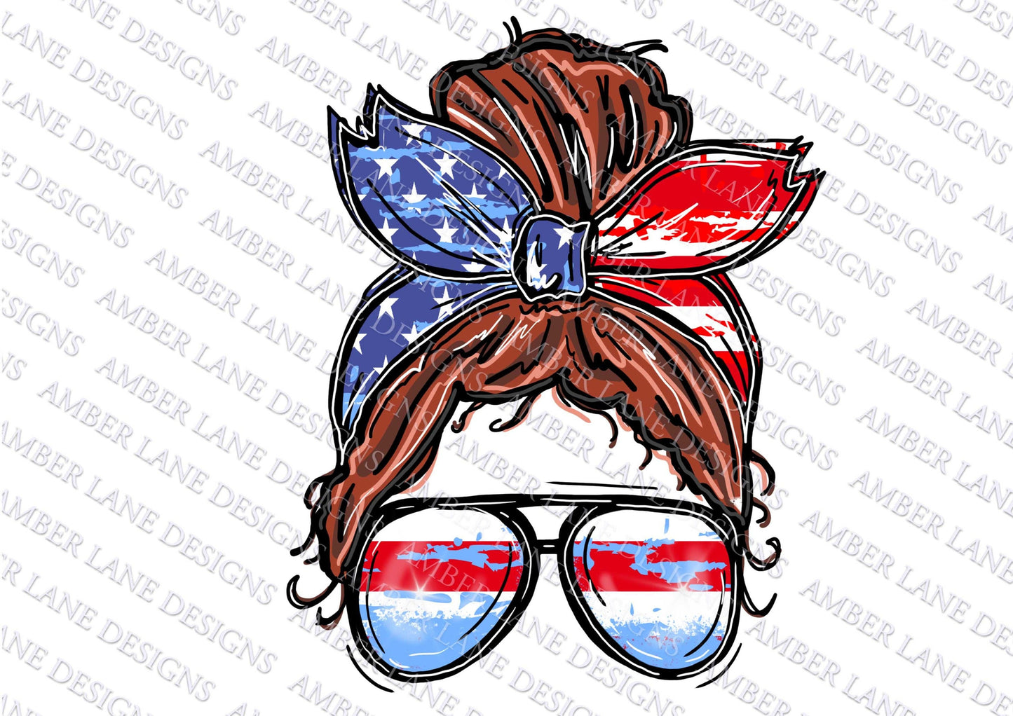 Messy Bun,  USA Flag bandana and sunglasses, PNG file, brown hair