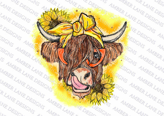 Sunflower Highland Cow bandana and glasses  PNG | Hand Drawn | Sublimation PNG |
