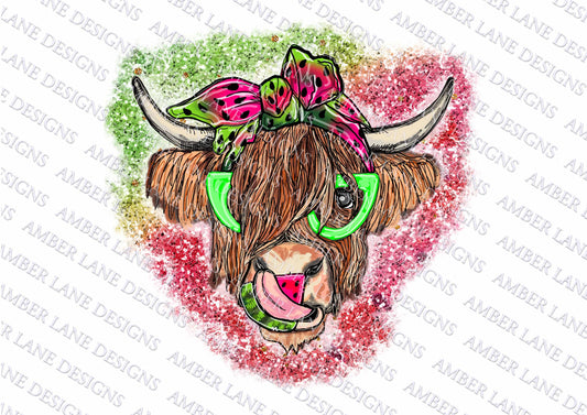 Watermelon Highland Cow bandana and glasses  PNG | Hand Drawn | Sublimation PNG |