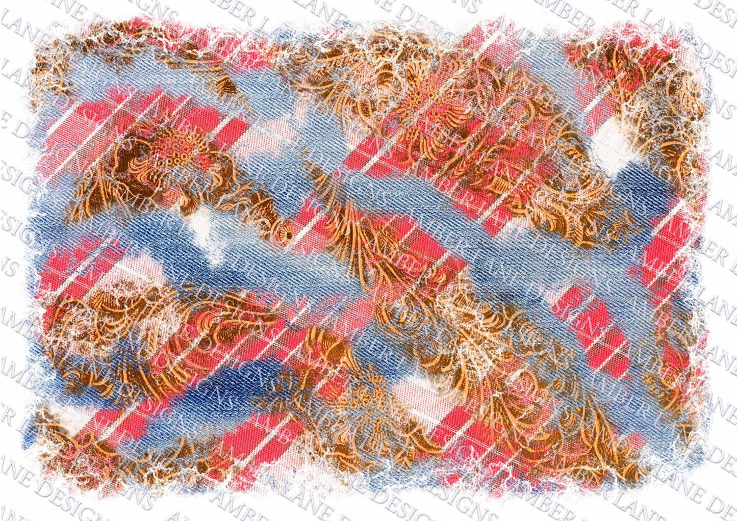 Distressed Tooled Leather, plaid and denim background  , png file , (file only)